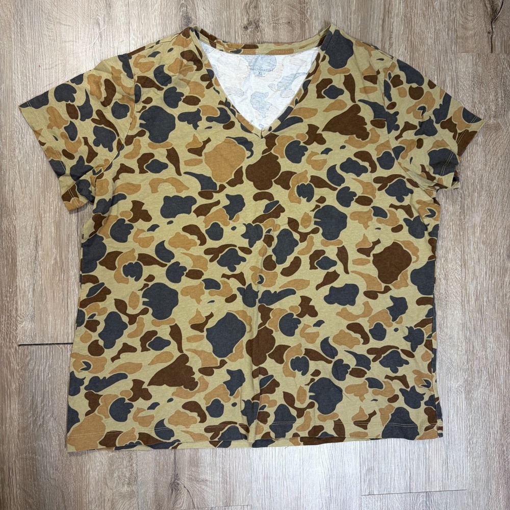 LL Bean Signature Womens‎ Duck Camo T Shirt XL Cotton Short Sleeve V-Neck